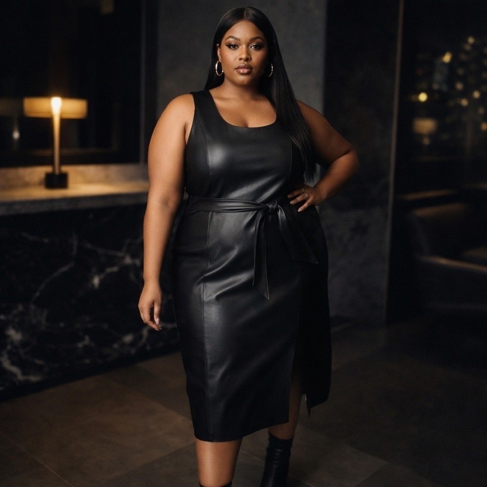 NWTs Nina Parker Black Faux Leather Sleeveless Midi Dress Plus Size 3X New